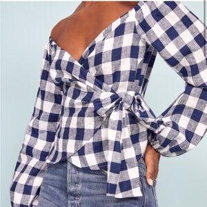Reformation Hart Wrap Top Blue White Gingham Print 100% Linen Cottagecore Medium